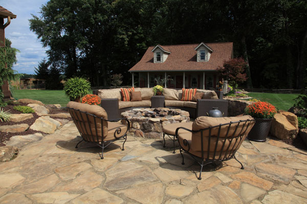 Custom Stone Firepit on Flagstone Patio